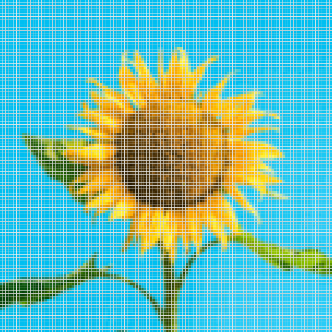 The same sunflower converted into a 120 × 120 tapestry crochet pattern chart
